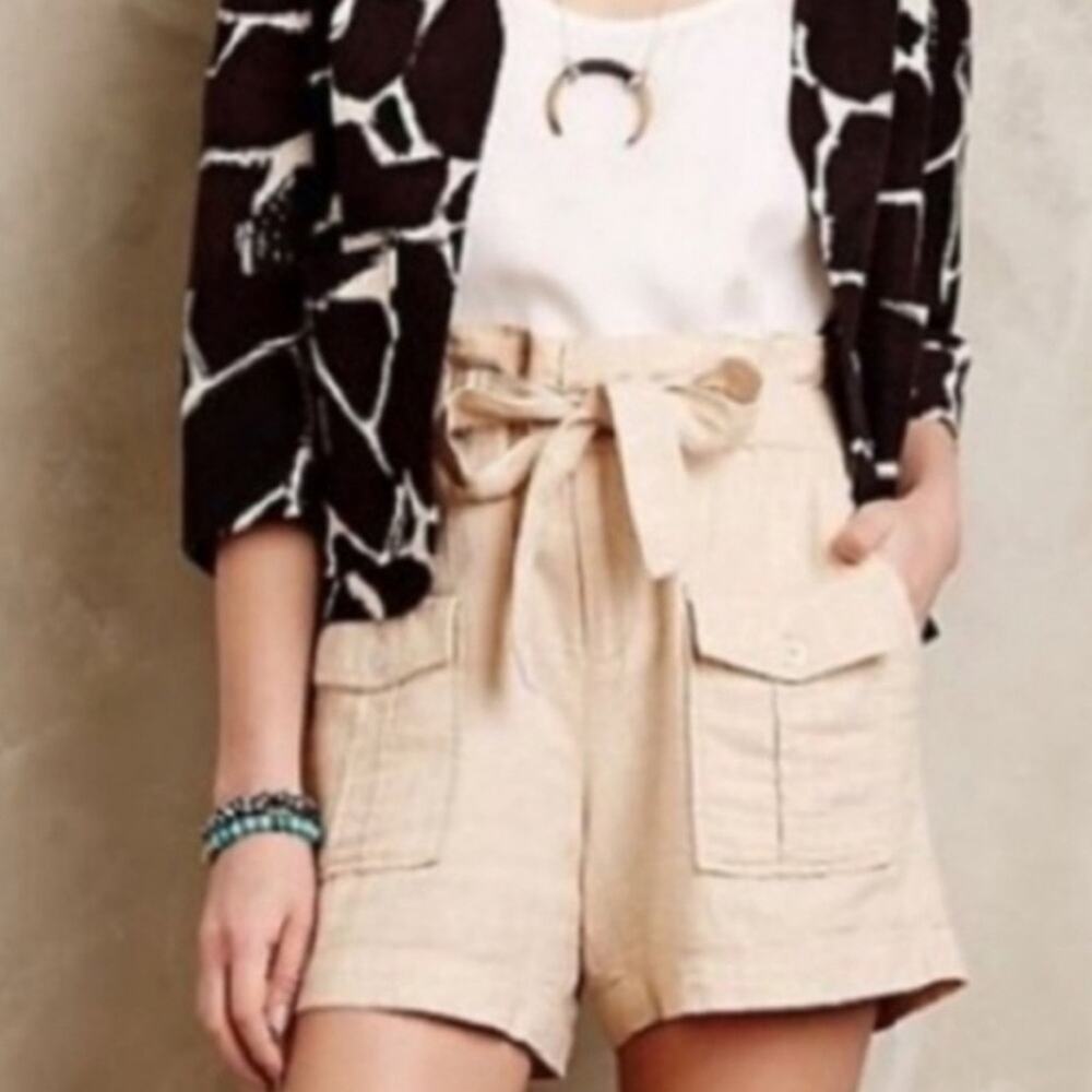 Anthropologie Elevenses Tan Natural Linen Blend High Rise Shorts Size Small